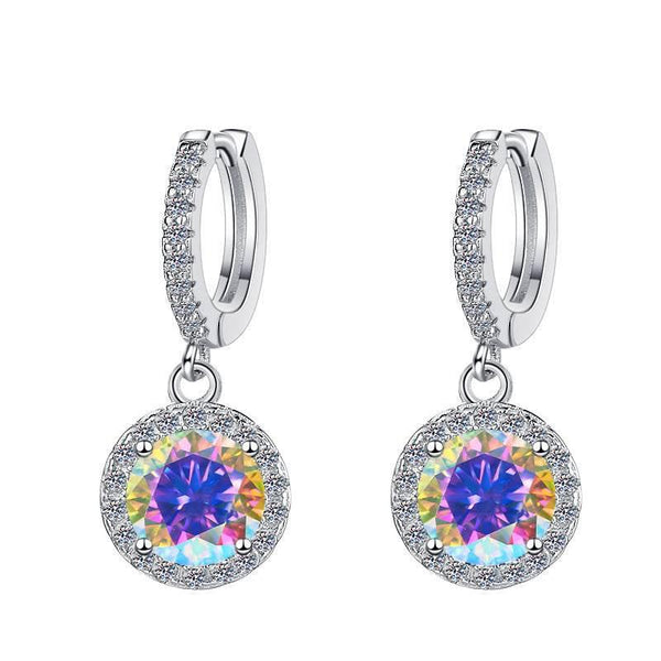 S925 Colorful Moissanite/CZ Round Halo Drop Earrings, 1ct D-Grade VVS Certificate, Hypoallergenic Sterling Silver Gift - FITINY Jewelry