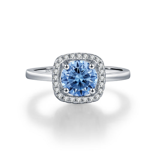Klein Blue Moissanite Halo Ring in Sterling Silver – Geometr - Front View - FITINY Jewelry