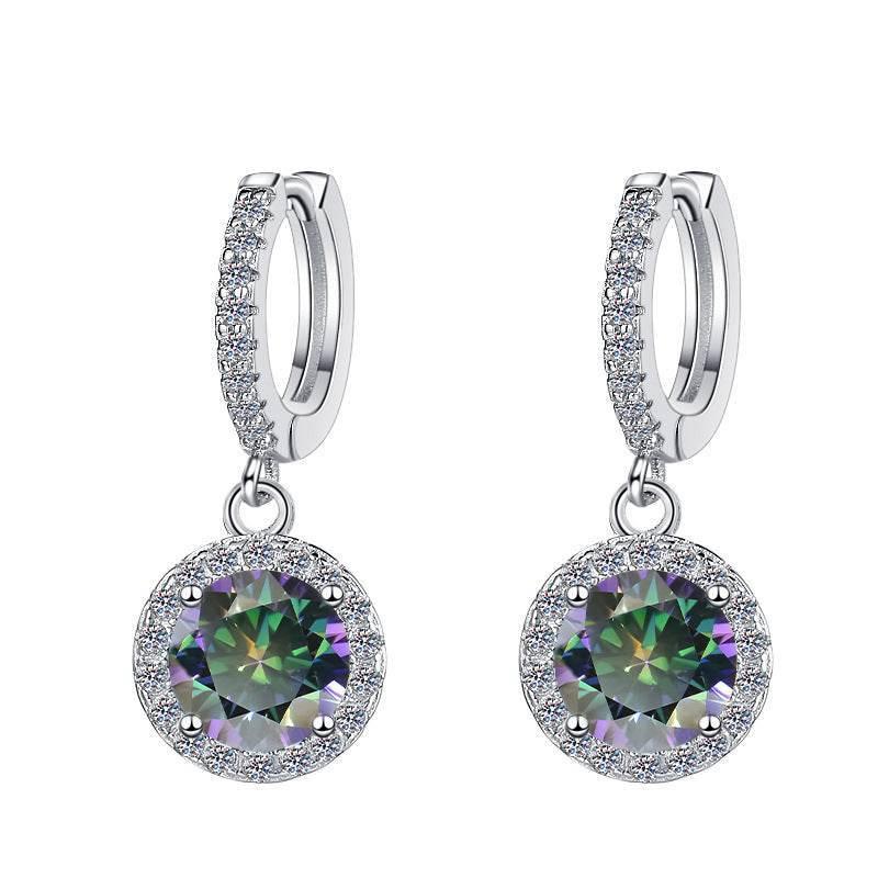 S925 Rainbow Green Moissanite/CZ Round Halo Drop Earrings, 1ct D-Grade VVS Certificate, Hypoallergenic Sterling Silver Gift - FITINY Jewelry