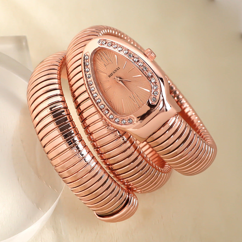 Serpentine Quartz Watch with Fashionable Diamond-Studded Bracelet, Open Cuff Ladies' Watch Snake Shaped Tiny Watch