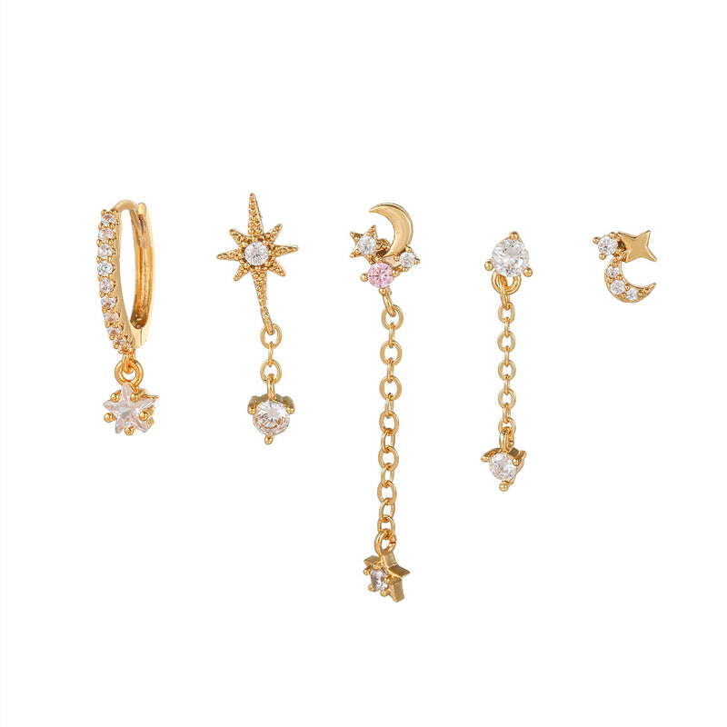 5 Pieces Eight-Pointed Star Earrings Set, 18k Gold Plated Ear Studs & Ear Drops, Stacked Lobe Design with Dazzling Zircon Stones