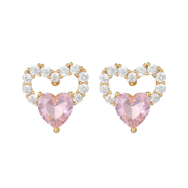 16 Pairs Pink Heart Stud Hoop Huggies Drop Earrings Set, 18K Gold Plated Stacking CZ & Pearl Designs, Planet Snowflake Moon Star