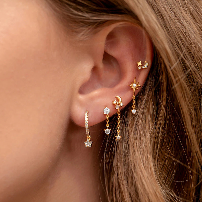 5 Pieces Eight-Pointed Star Earrings Set, 18k Gold Plated Ear Studs & Ear Drops, Stacked Lobe Design with Dazzling Zircon Stones