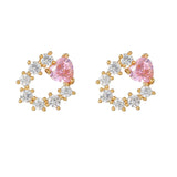 16 Pairs Pink Heart Stud Hoop Huggies Drop Earrings Set, 18K Gold Plated Stacking CZ & Pearl Designs, Planet Snowflake Moon Star
