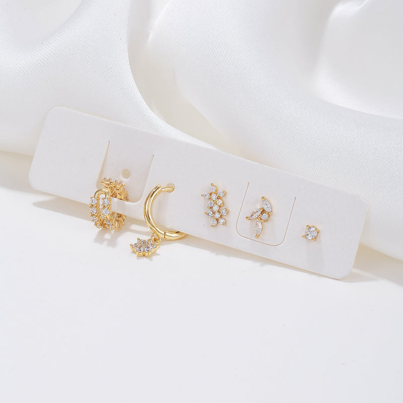 5 Pieces Floral & Geometric Zirconia Earring Set, 18k Gold Plated Studs, Drops & Hoops, Chic Stacked Lobe Cartilage Earrings