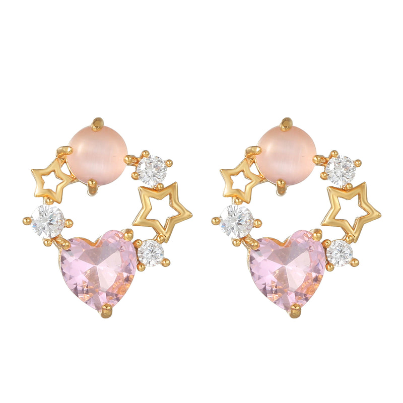 16 Pairs Pink Heart Stud Hoop Huggies Drop Earrings Set, 18K Gold Plated Stacking CZ & Pearl Designs, Planet Snowflake Moon Star