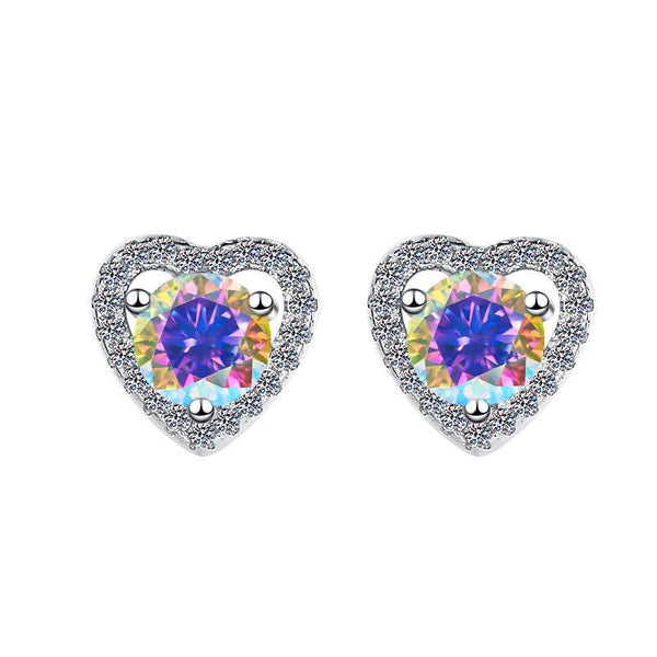 S925 Colorful Moissanite/CZ Heart Shape Halo Stud Earrings, 0.5ct D-Grade VVS Certificate, Hypoallergenic Sterling Silver Gift - FITINY Jewelry