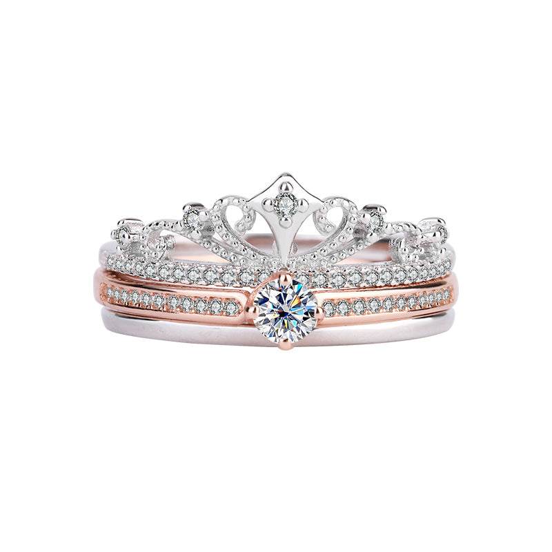 S925 Moissanite Castle Fireworks Double Layer Stacking Ring, White Gold & Rose Gold Pavé Band, Sparkling Split Color Women’s Ring Size 5–9 - FITINY Jewelry