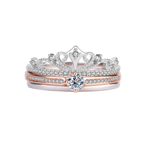 S925 Moissanite Castle Fireworks Double Layer Stacking Ring, White Gold & Rose Gold Pavé Band, Sparkling Split Color Women’s Ring Size 5–9