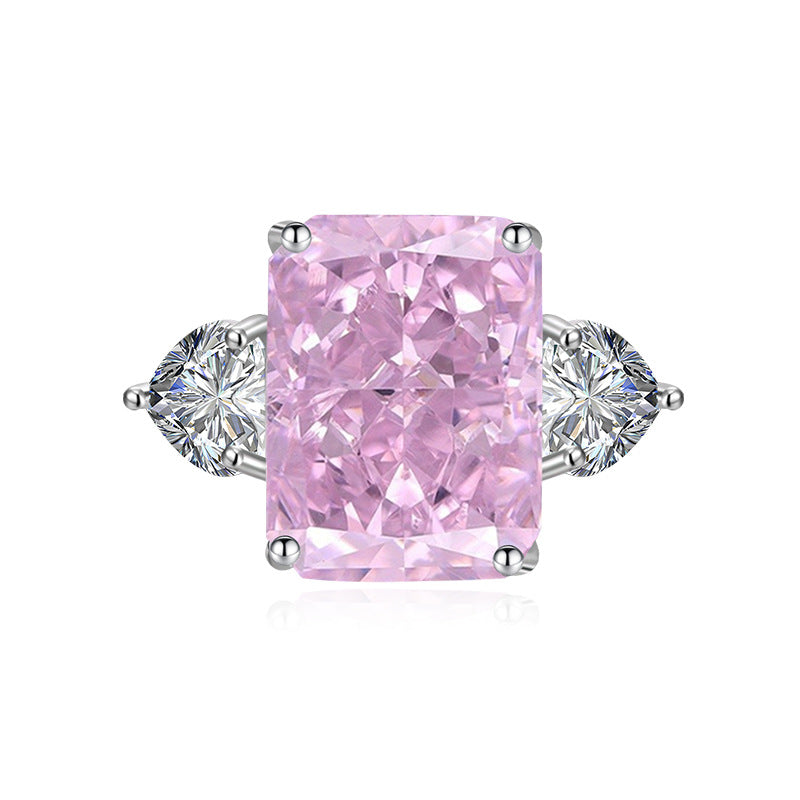 Multicolor Ice Flower Cut CZ Adjustable Ring, 10*14mm 5A Main Cubic Zirconia, Two Heart Side CZ, Dainty Luxe