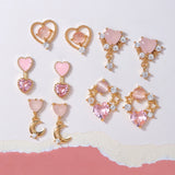 16 Pairs Pink Heart Stud Hoop Huggies Drop Earrings Set, 18K Gold Plated Stacking CZ & Pearl Designs, Planet Snowflake Moon Star