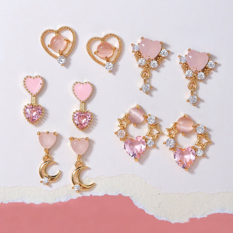 16 Pairs Pink Heart Stud Hoop Huggies Drop Earrings Set, 18K Gold Plated Stacking CZ & Pearl Designs, Planet Snowflake Moon Star