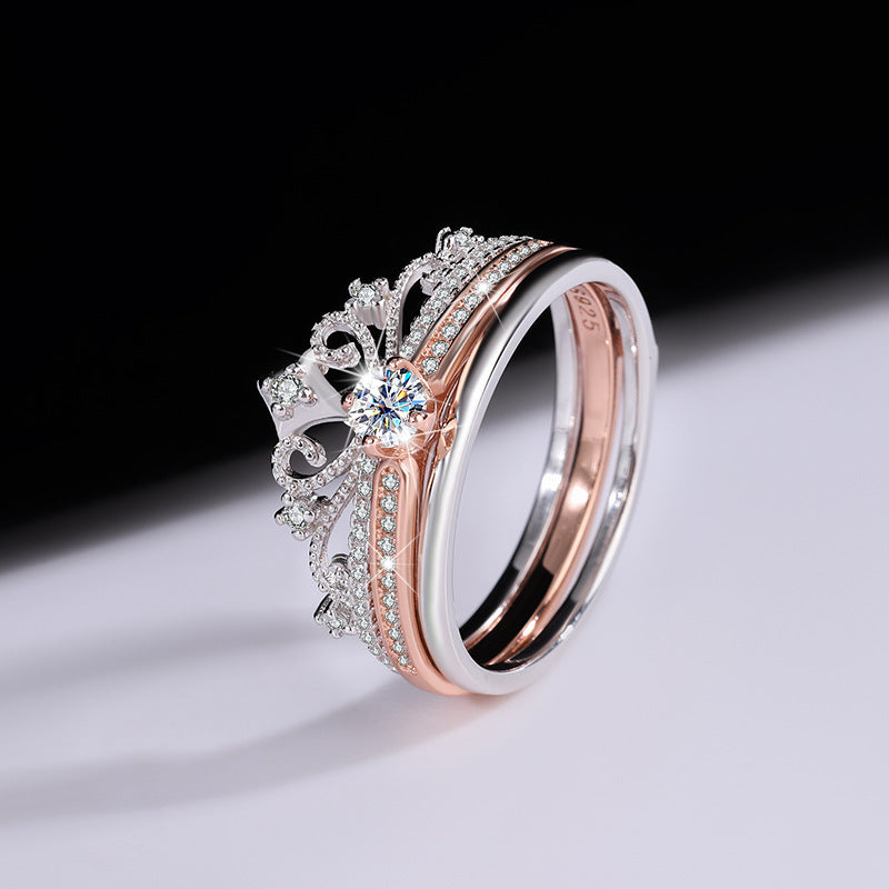 S925 Moissanite Castle Fireworks Double Layer Stacking Ring, White Gold & Rose Gold Pavé Band, Sparkling Split Color Women’s Ring Size 5–9