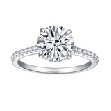 Front view of FITINY moissanite solitaire ring in platinum-plated sterling silver on white background