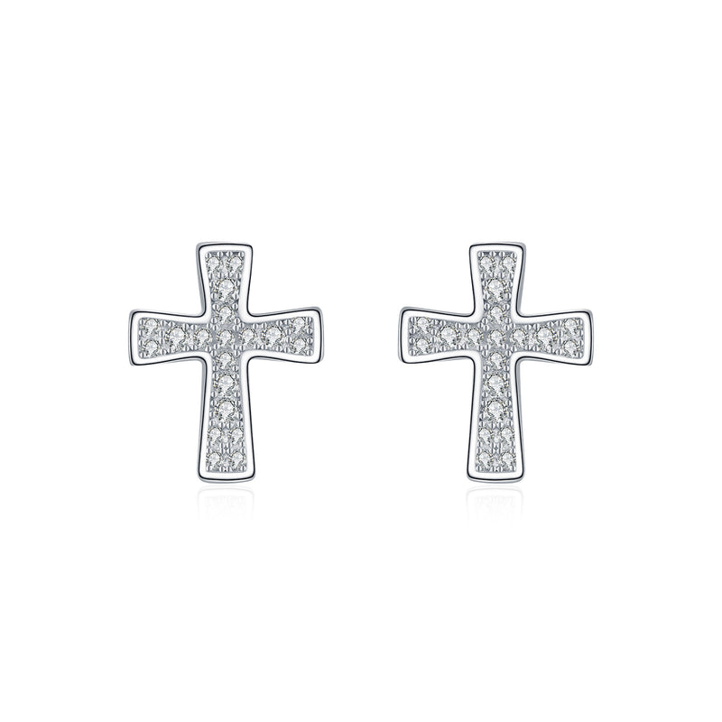 Minimalist Cross Stud Earrings in Sterling Silver with Moiss - Front View - FITINY Jewelry