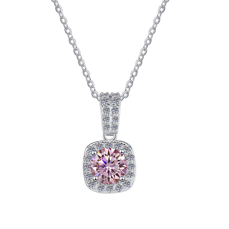 S925 Colorful Moissanite Pendant Necklace with Pavé-Set Halo & Hoop, 1ct D-Grade VVS1 Moissanite in 12 Dazzling Colors with GAR Certification, Sterling Silver Necklace