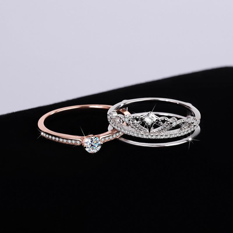 S925 Moissanite Castle Fireworks Double Layer Stacking Ring, White Gold & Rose Gold Pavé Band, Sparkling Split Color Women’s Ring Size 5–9