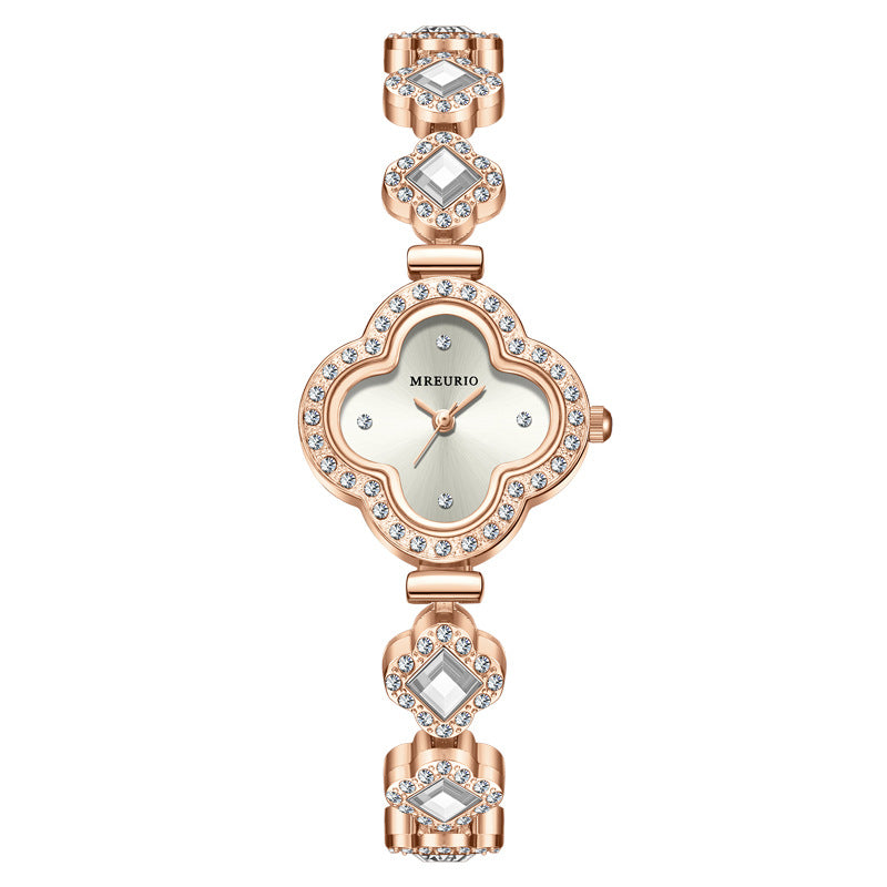 Luxury Women’s Four-Leaf Clover Rhinestone Bracelet Quartz Watch with Diamond-Studded Dial & Bracelet, Elegant Analog Wristwatch for Ladies