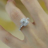 FITINY emerald-cut moissanite ring styled on a hand against neutral linen backdrop