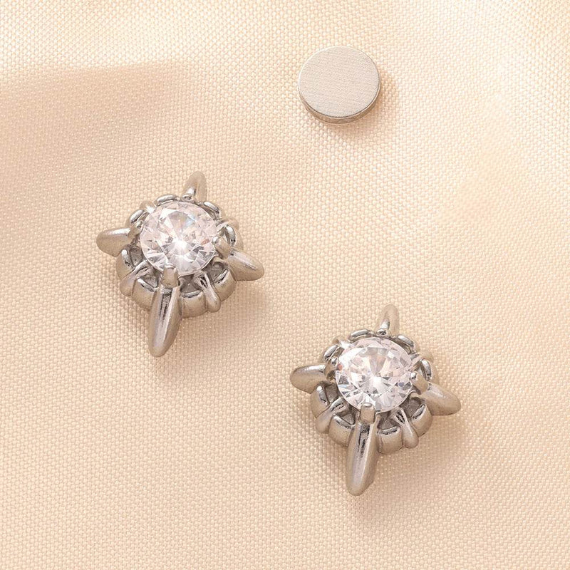 Multicolor Stainless Steel Magnetic 4-Pointed Star CZ Stud Earrings for Men Women, Round Cubic Zirconia Inlaid Magnetic Earrings Non-Piercing Clip On Stud Earring - FITINY Jewelry