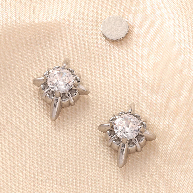 Multicolor Stainless Steel Magnetic 4-Pointed Star CZ Stud Earrings for Men Women, Round Cubic Zirconia Inlaid Magnetic Earrings Non-Piercing Clip On Stud Earring - Fitiny