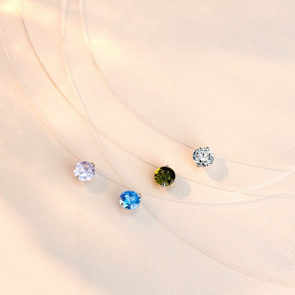 Collier S925 multicolore en forme de larme de sirène avec zircone cubique flottante, pendentif en argent sterling invisible avec fil de pêche et zircone cubique de 6 à 8 mm, ras du cou minimaliste délicat réglable de 40 à 5 cm 