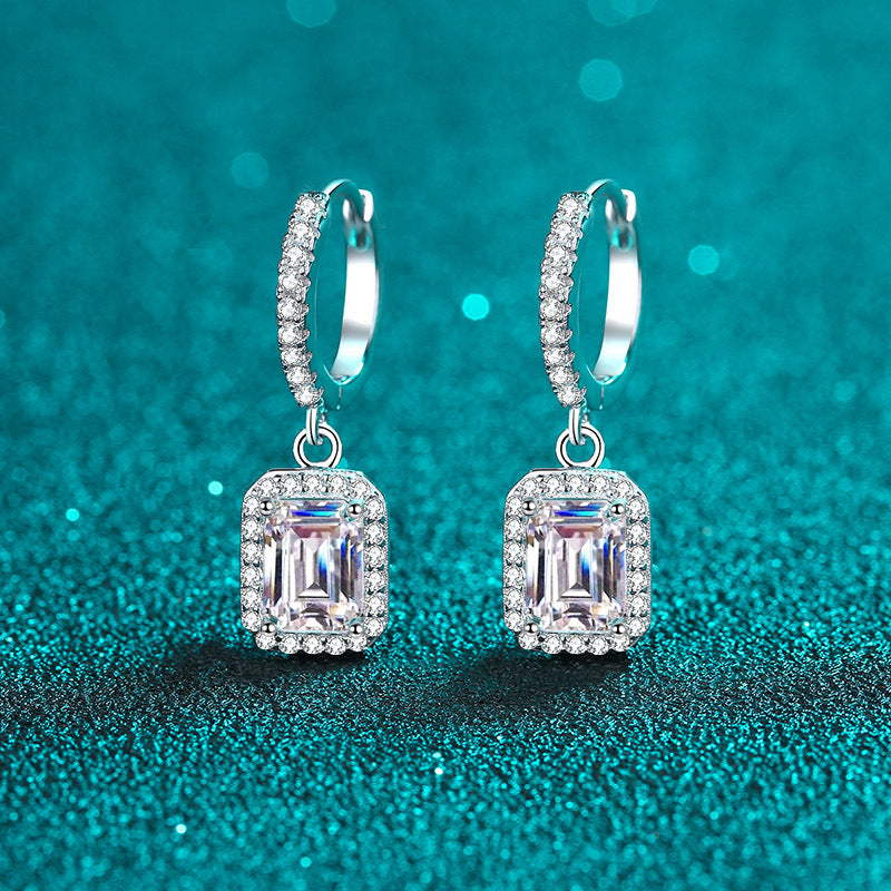 S925 Halo Emerald-Cut Moissanite Earrings,  1-2 Carat Moissanite Sterling Silver Earring with Pave Band