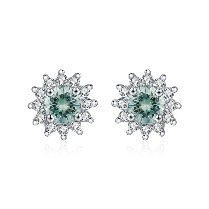 Snowflake-Style Green Moissanite Stud Earrings in Sterling S - Front View - FITINY Jewelry