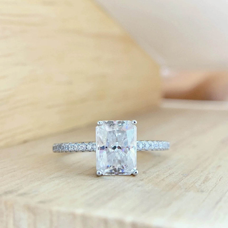 S925 Radiant Cut Moissanite & High Carbon Engagement Ring with Pavé-Set Band, 1-3ct VVS1 Certified, 4-Prong Sterling Silver - FITINY Jewelry