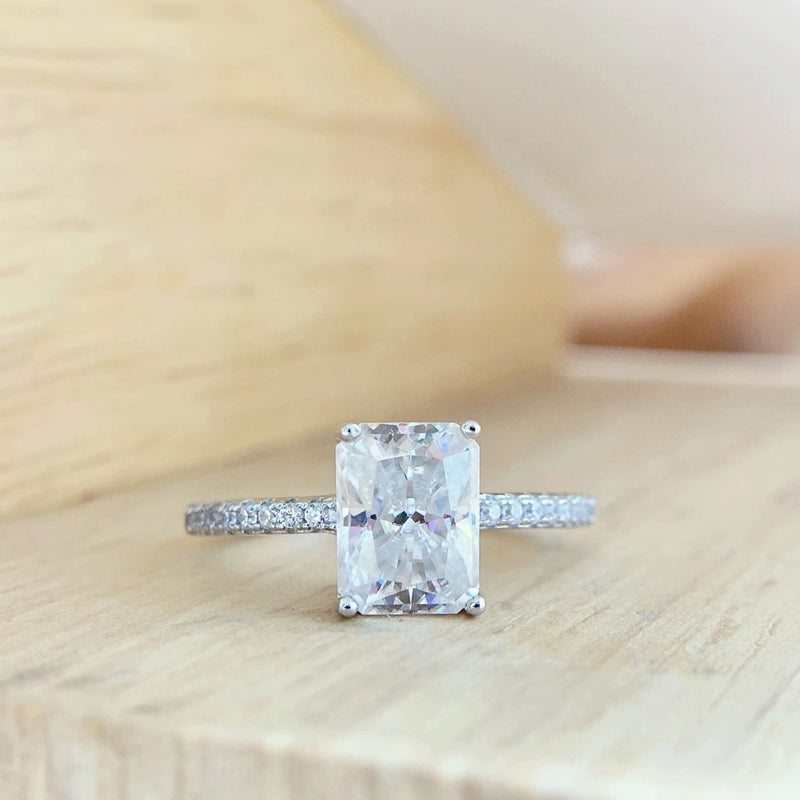 S925 Radiant Cut Moissanite & High Carbon Engagement Ring with Pavé-Set Band, 1-3 Carat VVS1 D-Color Certified, Four-Prong Sterling Silver Ring - Fitiny