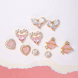 16 Pairs Pink Heart Stud Hoop Huggies Drop Earrings Set, 18K Gold Plated Stacking CZ & Pearl Designs, Planet Snowflake Moon Star