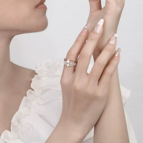 S925 Moissanite Castle Fireworks Double Layer Stacking Ring, White Gold & Rose Gold Pavé Band, Sparkling Split Color Women’s Ring Size 5–9 - FITINY Jewelry