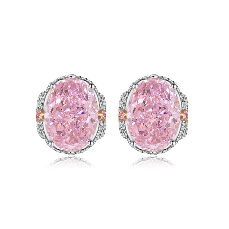 Multicolor Ice Flower Cut Oval CZ Stud Earrings, 7*9mm 8A Cubic Zirconia, S925 Silver Needle, Two-Tone Pave CZ Halo, Dainty Luxe