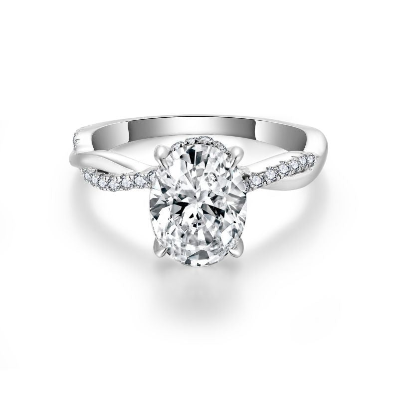 Front-facing view of FITINY oval moissanite ring set on white background