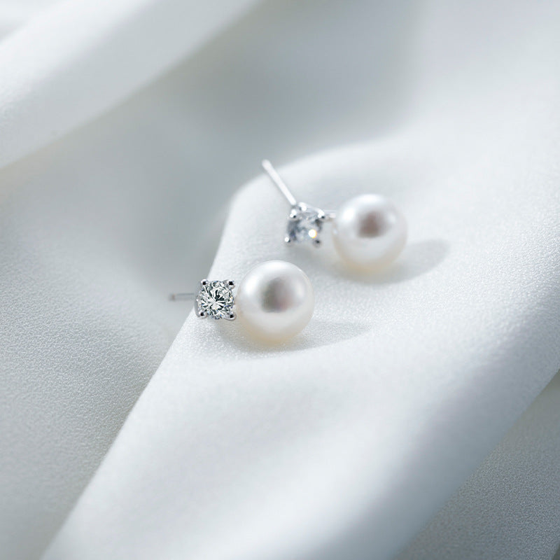 Elegant French-Inspired Freshwater Pearl & Moissanite Stud E - Front View - FITINY Jewelry