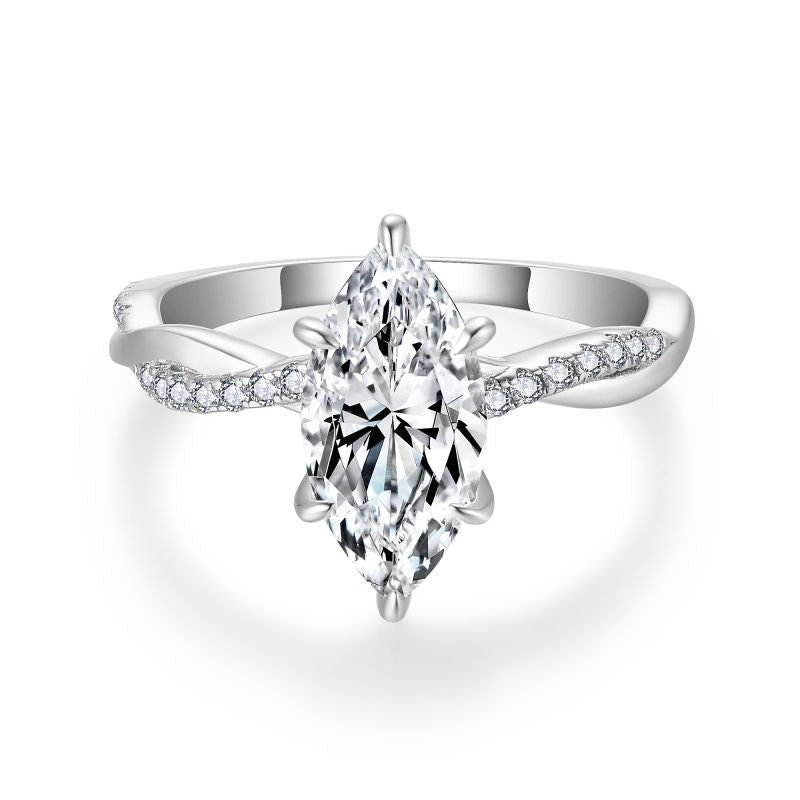 Close-up of 6x12mm marquise moissanite center stone with 3EX facet detail