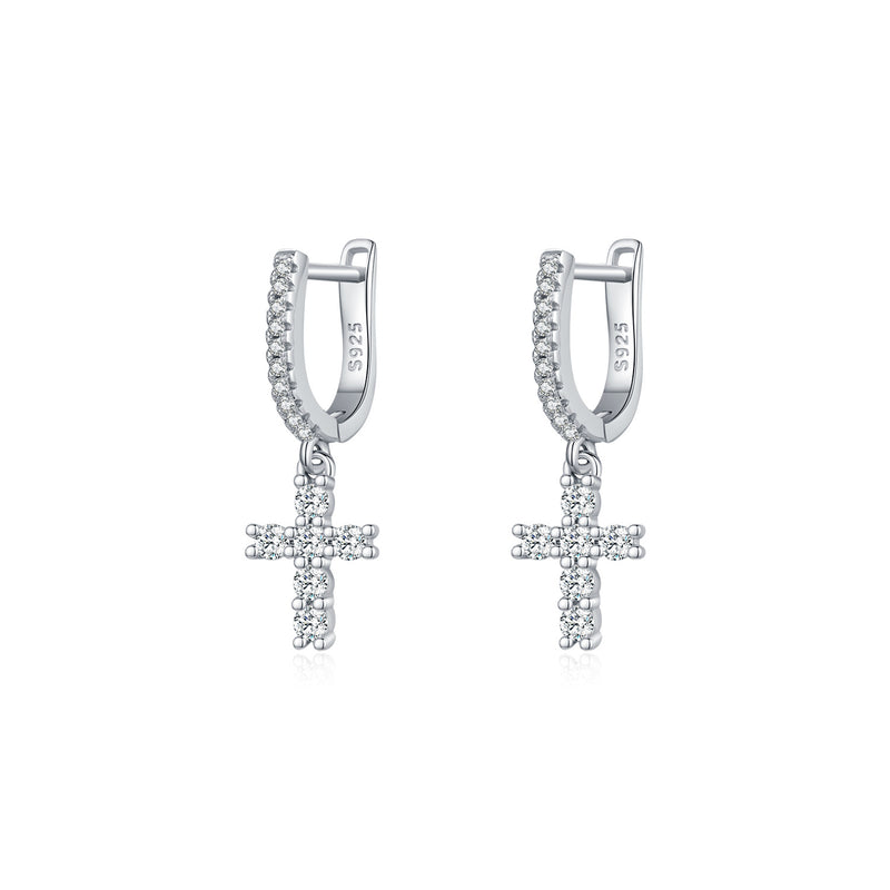 Minimalist Cross Drop Earrings in Sterling Silver with Spark - Front View - FITINY Jewelry