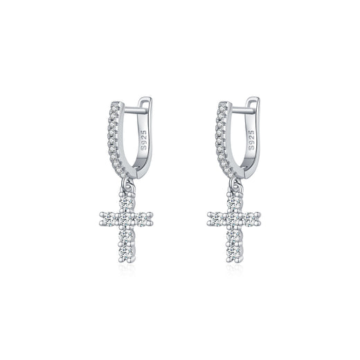 Minimalist Cross Drop Earrings in Sterling Silver with Spark - Front View - FITINY Jewelry