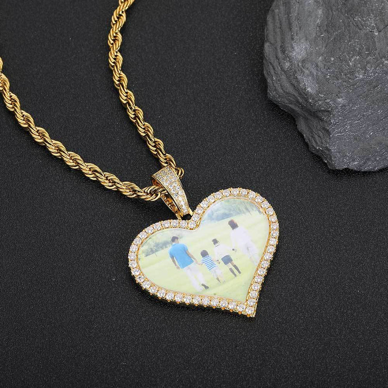 Heart-Shaped Photo Pendant Necklace with Cubic Zirconia Acce - Front View - FITINY Jewelry
