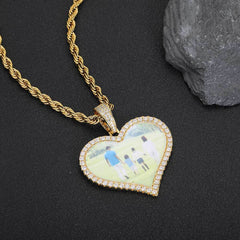 Heart-Shaped Photo Pendant Necklace with Cubic Zirconia Acce - Front View - FITINY Jewelry