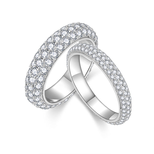 S925 Moissanite Three-Row Matching Couple Eternity Bands, Narrow 0.8ct & Wide 2.4ct Full Pave Rings, 18K White Gold Plated, US Size 4.5–10