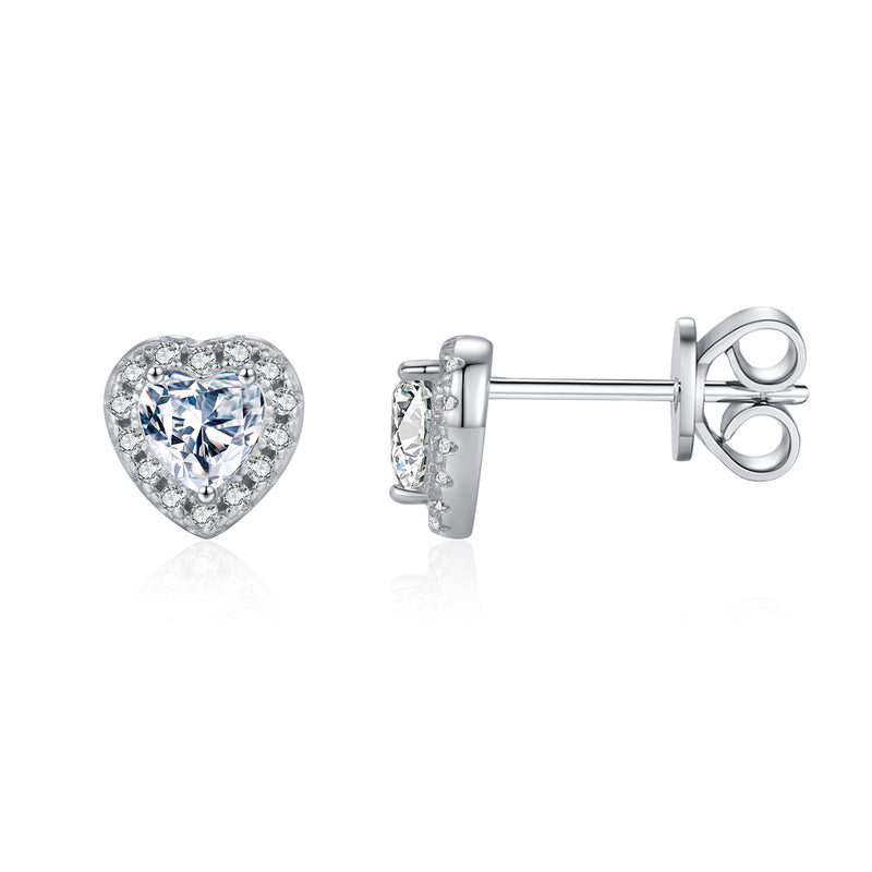 Heart-Shaped Moissanite Stud Earrings in Sterling Silver - Front View - FITINY Jewelry