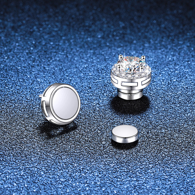 S925 Magnetic Moissanite / CZ Round Halo Stud Earrings for Men Women, 1ct 6.5mm Round Cut, Inlaid Magnetic Earrings Non-Piercing Clip On Stud Earring - Fitiny