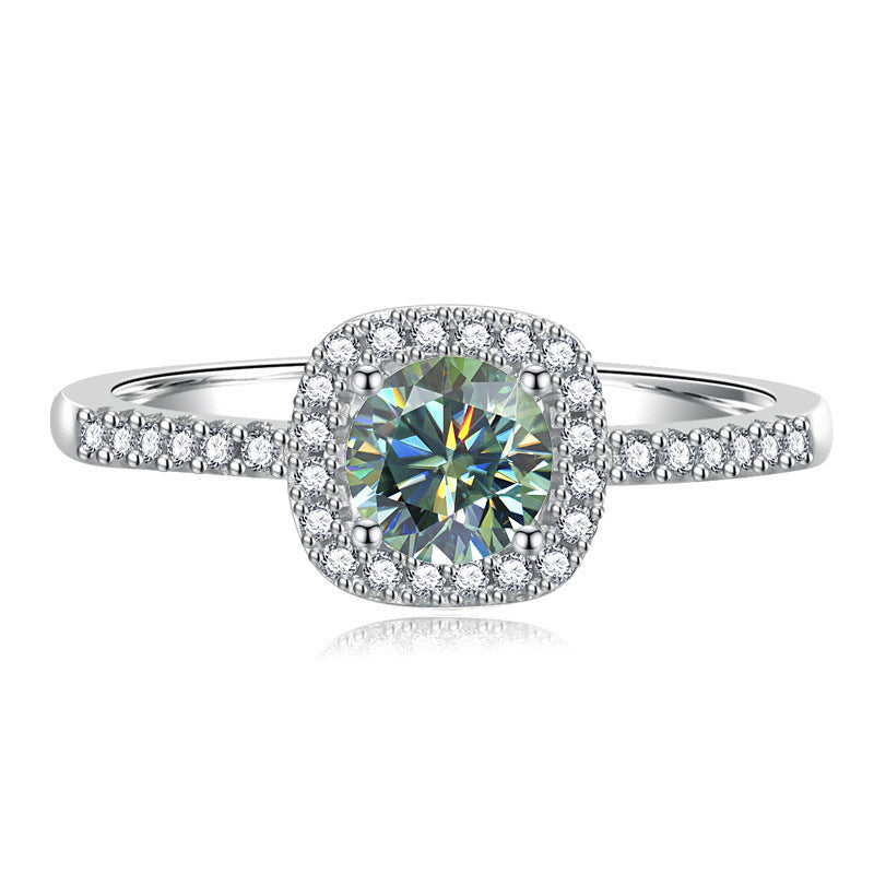 S925 Colorful Moissanite Halo Rings with Pavé-Set Band & Square Accents, 0.5ct-2ct D-Grade VVS1 Moissanite in 12 Vibrant Colors with GAR certification, Sterling Silver Adjustable Ring