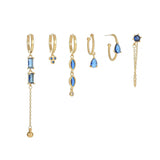 6 Pieces Long Tassel Vintage Earring Set with Micro-Pavé Dazzling Blue Zircons, 18k Gold Plated Ear Studs & Ear Drops, Stacked Lobe Design