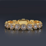 Front view of geometric zirconia hip hop bracelet in gold on white background