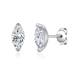 Front-facing studio photo of oval moissanite leaf stud earrings on white background