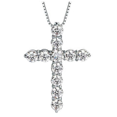 Front view of FITINY white gold cross necklace with moissanite stones on white background