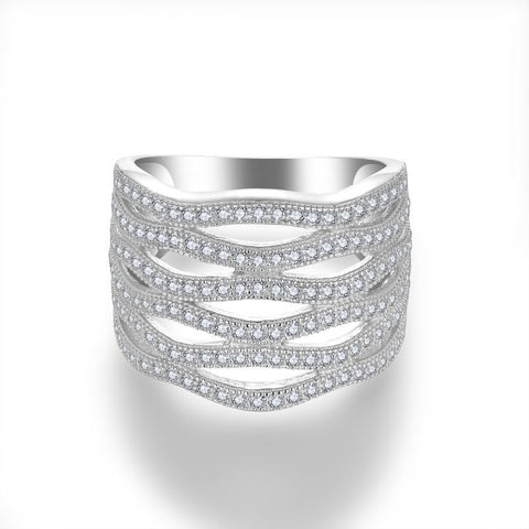Wave-Embossed Stack Ring with Premium Moissanite Stones in 1 - Front View - FITINY Jewelry
