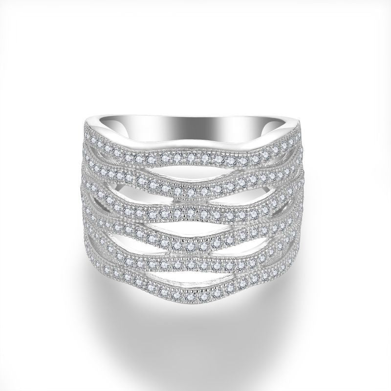 Wave-Embossed Stack Ring with Premium Moissanite Stones in 1 - Front View - FITINY Jewelry